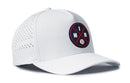 The Haka Hat Minnesota Baseball Performance 5-Panel Hat | MIN X Flexfit® Snapback is a white hat with perforated side panels, a Flexfit sweatband, and a round black-and-red patch with crossed bats, M and N letters, and a baseball icon on the front.
