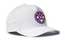 The Haka Hat Minnesota Football Performance 5-Panel Hat features a white design, purple and yellow circular patch with crossed lines, I, M, N letters, football icon, and a MIN X Flexfit® Snapback for comfort.