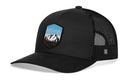The Haka Hat Mountains and Sky Trucker Hat is a black snapback with mesh back and a front patch of mountains, trees, and blue sky—ideal for outdoors adventures. Brand: Haka Hat.