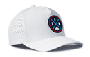 The Haka Hat Tennessee Football Performance 5-Panel Hat | TEN X Flexfit® Snapback features a round patch with a blue background, crossed lines, T-E-N letters, football graphic, side ventilation holes, and a Flexfit sweatband for comfort.