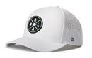 The Haka Hat New Orleans Football Performance 5-Panel Hat | NOLA X Flexfit® Snapback is a white cap with a black and gold circular “NOLA” cross logo, perforated sides for ventilation, and a small Haka Hat logo on the side. Inspired by New Orleans football styles.