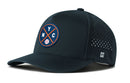 The Haka Hat New York Baseball Performance 5-Panel Hat is a blue Flexfit® snapback featuring a round NYC logo with baseball and bats on the front, side ventilation holes, and a small white H logo near the brim.