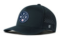 The Haka Hat New York Baseball Performance 5-Panel Hat is a navy Flexfit® snapback featuring a curved brim, mesh back, circular NYC baseball logo on the front, and a small H logo by the mesh panel.