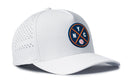 The Haka Hat New York Baseball Performance 5-Panel Hat in blue features a perforated back and a round NYC X logo in navy and orange—an ideal Flexfit® snapback for any New York baseball fan.