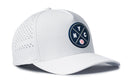 The Haka Hat New York Baseball Performance 5-Panel Hat in navy features a round NYC logo with crossed bats, perforated side panels for ventilation, and a Flexfit® sweatband for comfort.