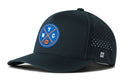 The Haka Hat New York Basketball Performance 5-Panel Snapback features a black design, blue/orange/white NYC basketball logo front, side ventilation holes, Flexfit® sweatband for comfort, and a white H above the brim.