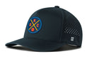 The Haka Hat Oklahoma City Basketball Performance 5-Panel Hat features a blue, yellow, and red OKC patch with crossed lines and a basketball, ventilation holes, Flexfit® sweatband, snapback closure, and small H logo.