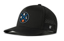 The Haka Hat Orlando Basketball Performance 5-Panel Hat features a black design, round ORL patch with blue crossed lines and basketball, side ventilation holes, H logo, and Flexfit® sweatband—ideal for Orlando hoops fans.