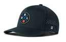 The Haka Hat Orlando Basketball Performance 5-Panel Hat features a dark blue design with a round ORL patch, crossed blue lines, a small basketball, side ventilation holes, Flexfit® snapback, and H logo.