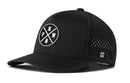 The Haka Hat Pacific Northwest Performance 5-Panel Hat features a black design, a round PNW logo with white letters and tree on the front, small ventilation holes, an H symbol on the side, and a Flexfit® sweatband for comfort.