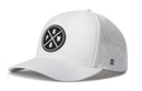 The Haka Hat Pacific Northwest Performance 5-Panel Hat by Haka Hat features a water-repellent white design, black circular PNW logo with tree, side ventilation holes, Flexfit® sweatband, snapback closure, and a small front H logo.