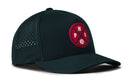 The Haka Hat Philadelphia Baseball Performance 5-Panel Hat | PHI X Flexfit® Snapback features a dark green color, curved brim, perforated side panels, Flexfit sweatband, water-repellent fabric, and a circular red/blue PHI logo on the front.
