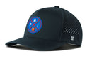 The Haka Hat Philadelphia Basketball Performance 5-Panel Hat features a blue circular PHI logo with basketball graphic, Flexfit® sweatband, side ventilation holes, white H logo, and water-repellent design.