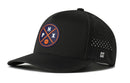 The Haka Hat Phoenix Basketball Performance 5-Panel Hat features a curved brim, PHX patch with basketball graphic, Flexfit® snapback, small ventilation holes, left-side H logo, and water-repellent design.