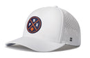 The Haka Hat Phoenix Basketball Performance 5-Panel Hat features a white design with an orange and navy circular PHX logo, side ventilation holes, an H logo near the brim, and a Flexfit® snapback for comfort.