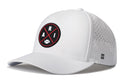 The Haka Hat Arizona Football Performance 5-Panel Hat (ARI X Flexfit® Snapback) features a white design with a black and red circular ARI football patch, breathable perforations, a curved brim, and a Flexfit sweatband for comfort.