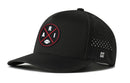 The Haka Hat Arizona Football Performance 5-Panel Hat features a black design with a circular ARI football logo, perforated sides, water repellent fabric, Flexfit® sweatband for comfort, snapback closure, and an H logo on the back.