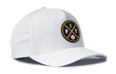 The Haka Hat Pittsburgh Baseball Performance 5-Panel Hat | PIT X Flexfit® Snapback features a white design with a black and yellow circular logo of crossed bats and "PIT" above a baseball, shown from the left. Stylish and comfortable by Haka Hat.