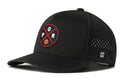 The Haka Hat Portland Basketball Performance 5-Panel Hat | POR X Flexfit® Snapback is a black cap with a curved brim, a circular Trail Blazers logo, ventilation holes, a white H logo on the side, and a comfortable Flexfit sweatband.