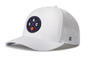 The Haka Hat Sacramento Basketball Performance 5-Panel Hat | SAC X Flexfit® Snapback is a white hat with a perforated back, circular SAC logo in purple and black with crossed lines and basketball icon, plus water-repellent fabric.