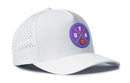 The Haka Hat Utah Basketball Performance 5-Panel Hat by Haka Hat features a round purple and blue UTA basketball logo, small ventilation holes, and a Flexfit® sweatband for comfort.