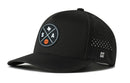 The Haka Hat San Antonio Basketball Performance 5-Panel Hat features a black design with a circular patch (basketball, S and A letters, Texas outline), perforated sides, curved brim, and Flexfit® sweatband for comfort. Brand: Haka Hat.
