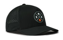 The Haka Hat San Antonio Basketball Performance 5-Panel Hat by Haka Hat features a black design, Flexfit® sweatband, side ventilation holes, and a round patch with a Texas outline, S and A letters, and a small basketball.