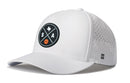 The Haka Hat San Antonio Basketball Performance 5-Panel Hat by Haka Hat features a white Flexfit® snapback design, perforated back, and a round black patch with a Texas map, S and A letters, plus basketball graphic—perfect for SA fans.