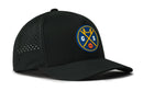 The Haka Hat San Francisco Basketball Performance 5-Panel Hat | GS X Flexfit® Snapback is a black cap with a circular logo showing a stylized yellow bridge, crossed lines, G and S letters, a basketball, side vents, and a Flexfit sweatband.