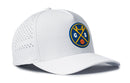 The Haka Hat San Francisco Basketball Performance 5-Panel Hat by Haka Hat is a white GS X Flexfit® snapback with perforated side panels, water repellent fabric, and a circular front emblem featuring a bridge, basketball, and the letters G and S.