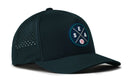 The Haka Hat Seattle Baseball Performance 5-Panel Hat features a dark green design, circular crossed bats and SEA logo, small baseball on front, Flexfit® sweatband, side ventilation, and snapback closure.