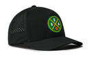 The Haka Hat Seattle Basketball Performance 5-Panel Hat by Haka Hat features a black design with a green, yellow, and white circular logo (crossed lines, S and A letters, basketball) on the front; ventilated side panels provide comfort.
