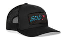 The Haka Hat Send It Trucker Hat in black features a rectangular front patch with SEND IT embroidered in blue and red, a mesh back, and a comfort-fit sweatband for all-day wear. Brand: Haka Hat. Snapback closure.