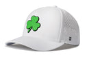 The Haka Hat Shamrock Performance 5-Panel Hat by Haka Hat is a white St Patrick's Day Flexfit® Snapback with a large green shamrock, side ventilation holes, and a comfortable sweatband for all-day wear.