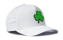 The Haka Hat Shamrock Performance 5-Panel Hat by Haka Hat is a white St Patrick's Day Flexfit® Snapback featuring a large green shamrock, ventilation holes for breathability, and a comfortable Flexfit sweatband.