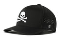 The Haka Hat Skull and Crossbones Performance 5-Panel Hat by Haka Hat features a bold white Jolly Roger emblem, perforated sides for breathability, and Flexfit® snapback design—combining standout style with high performance.
