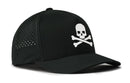 The Haka Hat Skull and Crossbones Performance 5-Panel Hat by Haka Hat features a bold white Jolly Roger on the front and side ventilation holes for comfort. This Flexfit® snapback combines style and performance in classic black.