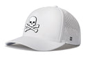 The Haka Hat Skull and Crossbones Performance 5-Panel Hat is a white Flexfit® snapback featuring a black skull and crossbones on the front, small side ventilation holes, and a subtle H logo near the brim.