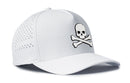 The Haka Hat Skull and Crossbones Performance 5-Panel Hat features a black and white Jolly Roger graphic on the front, side ventilation holes, and Flexfit® Snapback comfort for bold style.