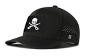 The Haka Hat Pirate Flag Performance 5-Panel Hat is a black Flexfit® snapback with water repellent fabric, a white Jolly Roger skull and crossbones patch, and perforated sides.