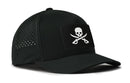 The Haka Hat Pirate Flag Performance 5-Panel Hat | Jolly Roger Flexfit® Snapback features a black design with a perforated side panel and a front patch displaying a white skull and crossed swords.