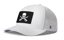 The Haka Hat Pirate Flag Performance 5-Panel Hat | Jolly Roger Flexfit® Snapback features a white design, black patch with white skull and crossed swords, side ventilation holes, and a small H logo for style.