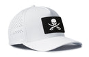 The Haka Hat Pirate Flag Performance 5-Panel Hat is a white water-repellent Flexfit® snapback with a perforated side panel and black patch featuring a white Jolly Roger skull and crossbones on the front.