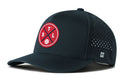 The Haka Hat St. Louis Baseball Performance 5-Panel Hat features a black, water-repellent design with STL X Flexfit® Snapback, curved brim, red circular STL patch with baseball, side vents, Flexfit sweatband, and white H logo.