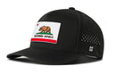 The Haka Hat California Flag Performance 5-Panel Hat by Haka Hat features a bear patch, red star, and 'California Republic' text, with side ventilation holes, a small H logo, and an adjustable CA Flexfit® Snapback for comfort.