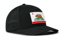 The Haka Hat California Flag Performance 5-Panel Hat by Haka Hat features a bear and red star flag patch, vented sides, and a CA Flexfit® Snapback, combining style and functionality.