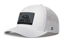 The Haka Hat California Flag Performance 5-Panel Hat is a white Flexfit® snapback with ventilation holes, an H logo by the brim, and a grey patch featuring a bear, star, and California Republic text. Brand: Haka Hat.