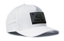 The Haka Hat California Flag Performance 5-Panel Hat is a white Flexfit® Snapback with perforated side panels and a black patch featuring the California Republic bear and star.