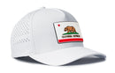 The Haka Hat California Flag Performance 5-Panel Hat is a white, water-repellent Flexfit® snapback featuring a rectangular patch with the California Republic flag, bear, red star and stripe, plus side ventilation holes.