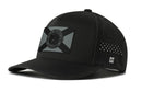 The Haka Hat Florida Flag Performance 5-Panel Hat features a black design with a curved bill, breathable back panels, a front patch of crossed lines and circle emblem, Flexfit sweatband for comfort, and a small H logo on the side.